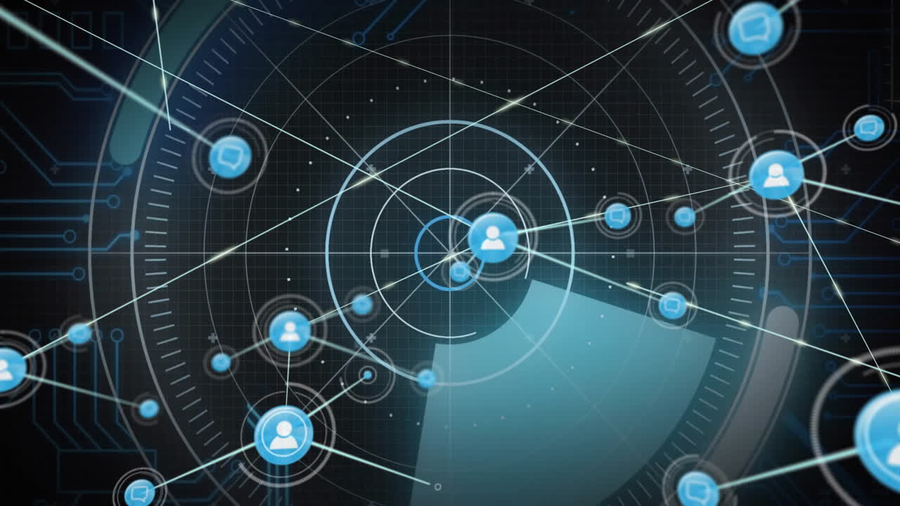 Central user node connecting with blue chat bubble icons and data points in technology interface