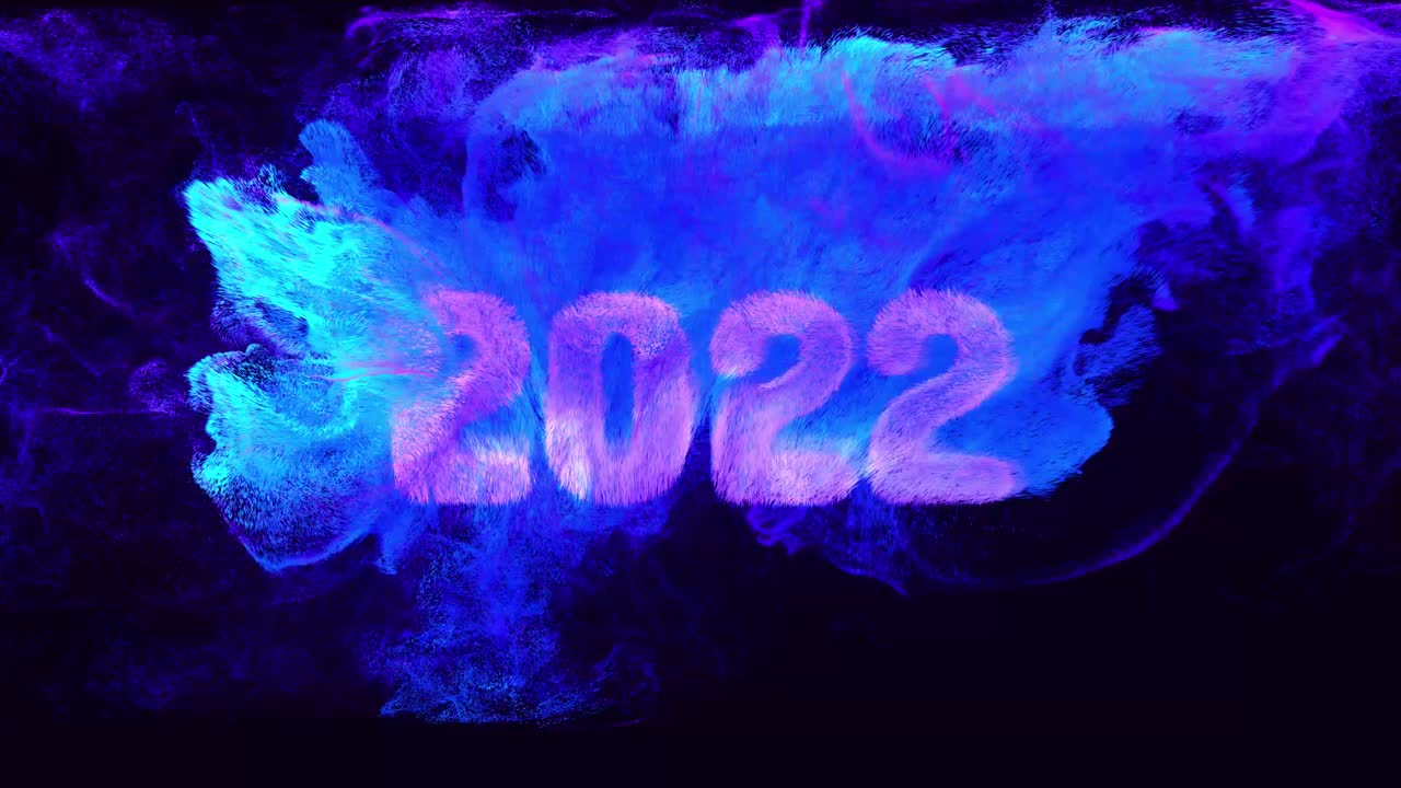 Iscrizione 2022, composizione di Capodanno con luma matte come canale alfa, effetto inchiostro. Particelle luminose colorate vengono emesse sott'acqua e turbinano come inchiostro nell'acqua. Sfondo blu festivo