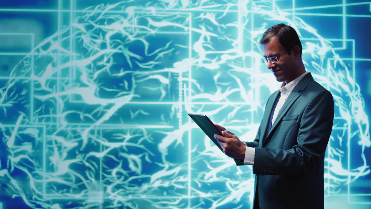 IT specialist coding on tablet, programming artificial intelligence