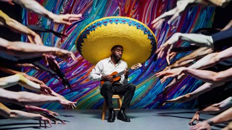 man playing ukulele under a sombrero with many hands