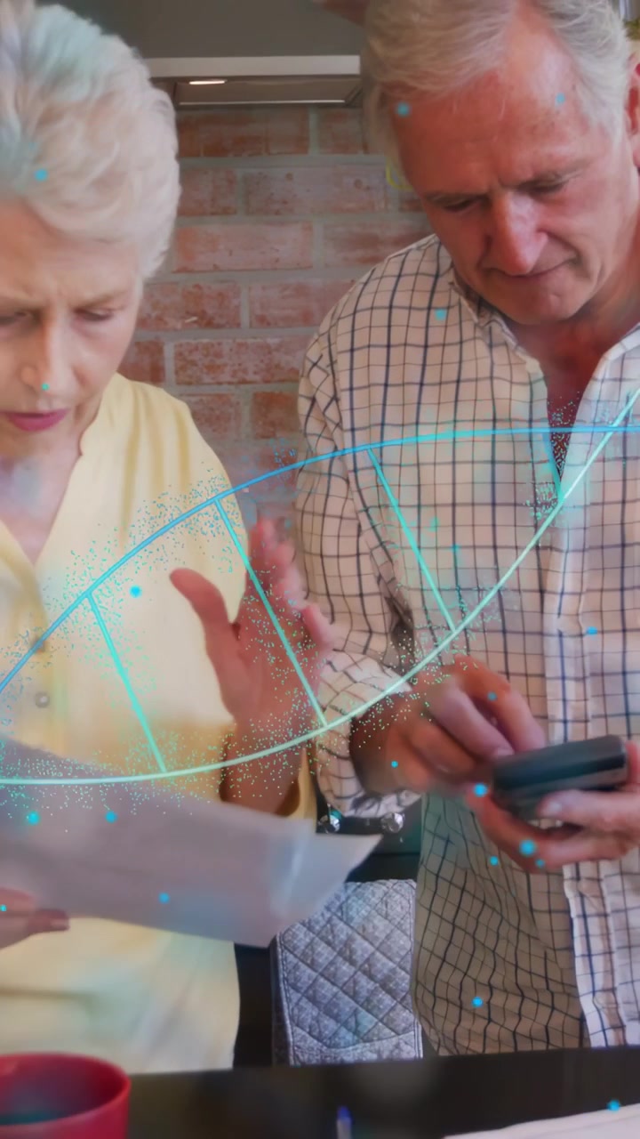 Video verticale: Coppia che controlla moduli in cucina, uomo che prende il telefono, sovrapposizione blu che mostra dati finanziari.
