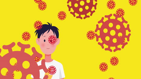 covid-19 cells icons against multiple people wearing face masks on yellow background