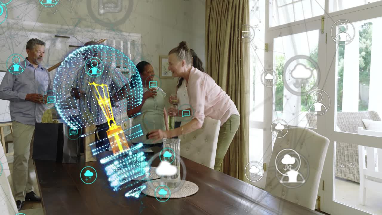 Group clustering at table, woman placing tablet causing hologram bulb for tech collaboration