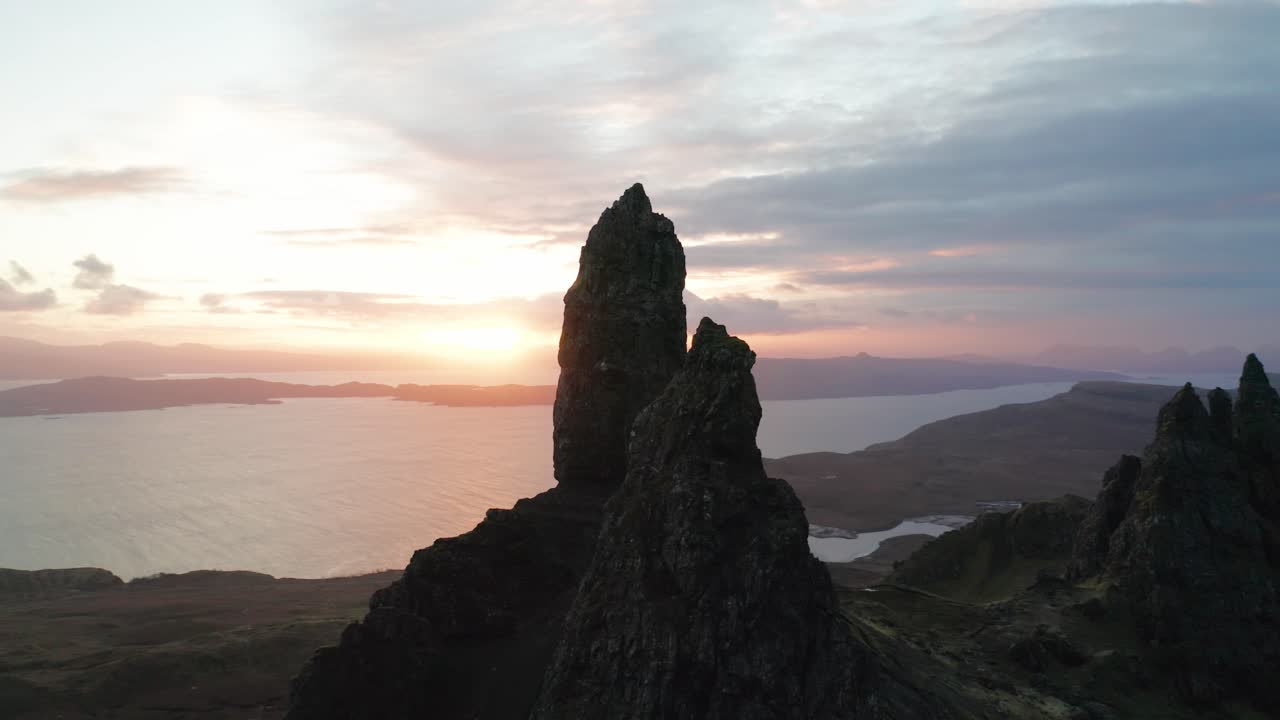 drone shot of Old Man Of Storr on Isle Of Skye in Scotland at sunrise