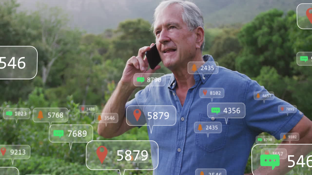 Senior man talking on smartphone outdoors, displaying floating notification icons in tech theme