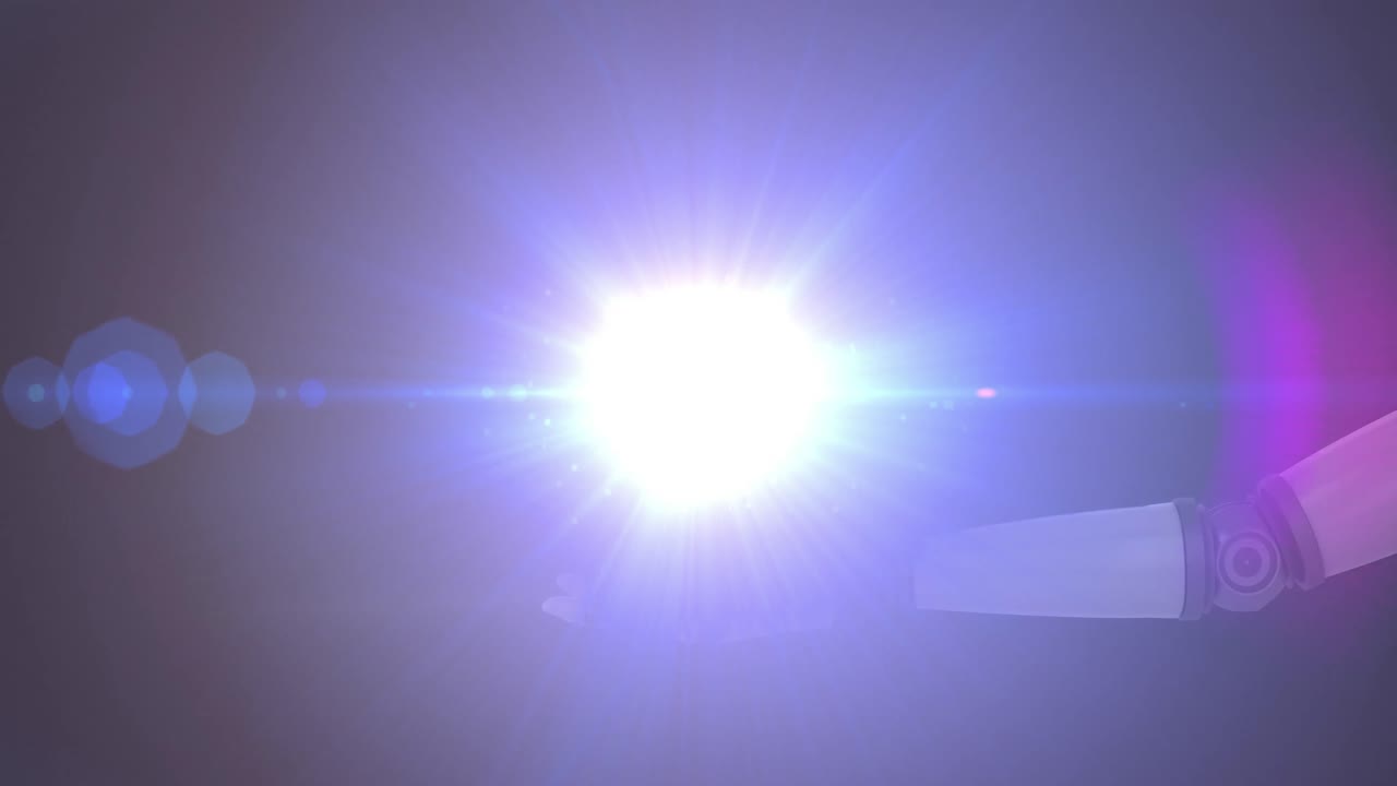 어두운 배경에 연장된 로 ⁇  팔의 손 위에 있는 빛의 공의 애니메이션