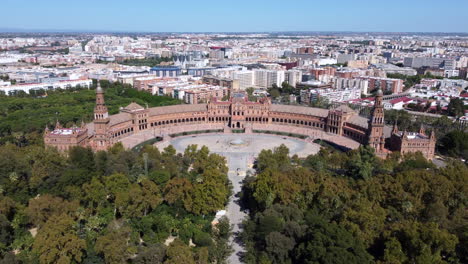 aerial establishing view of plaza de espana square in seville, spain