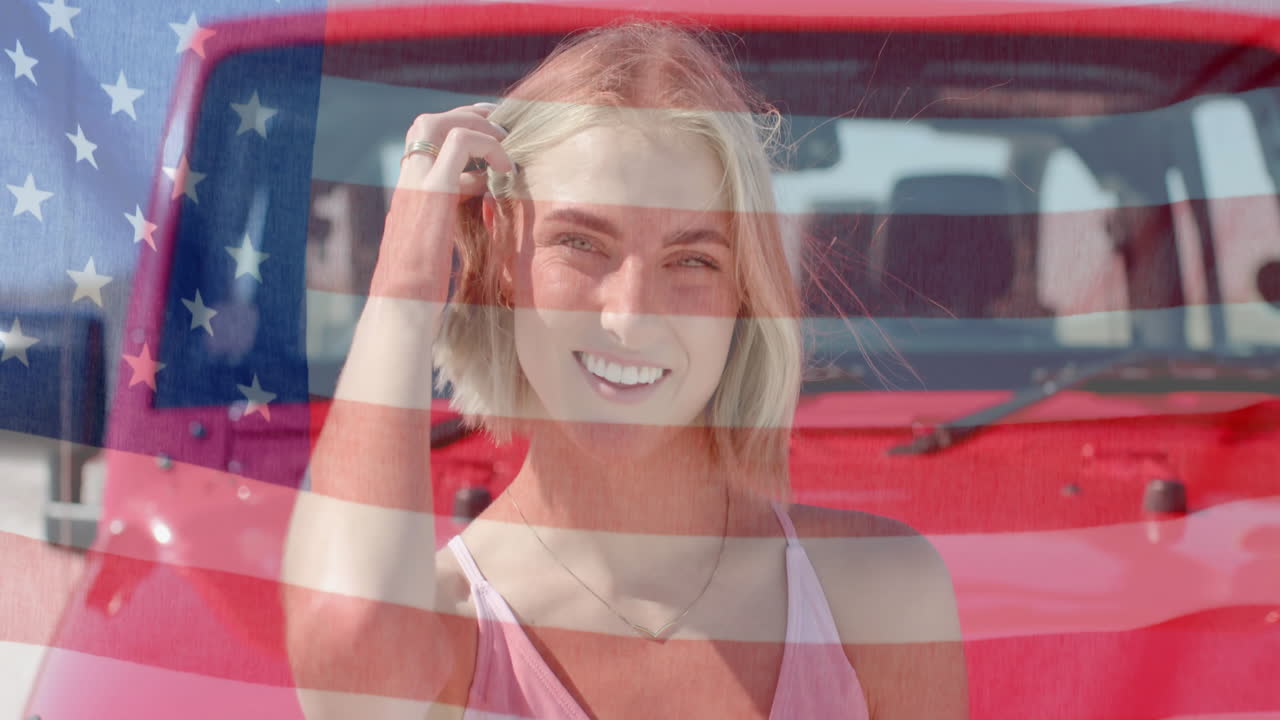 animación de la bandera de los ee.uu. sobre mujer caucásica en coche en la playa