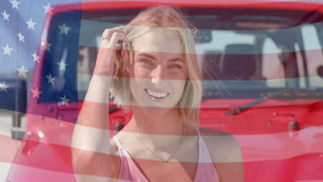 animación de la bandera de los ee.uu. sobre mujer caucásica en coche en la playa