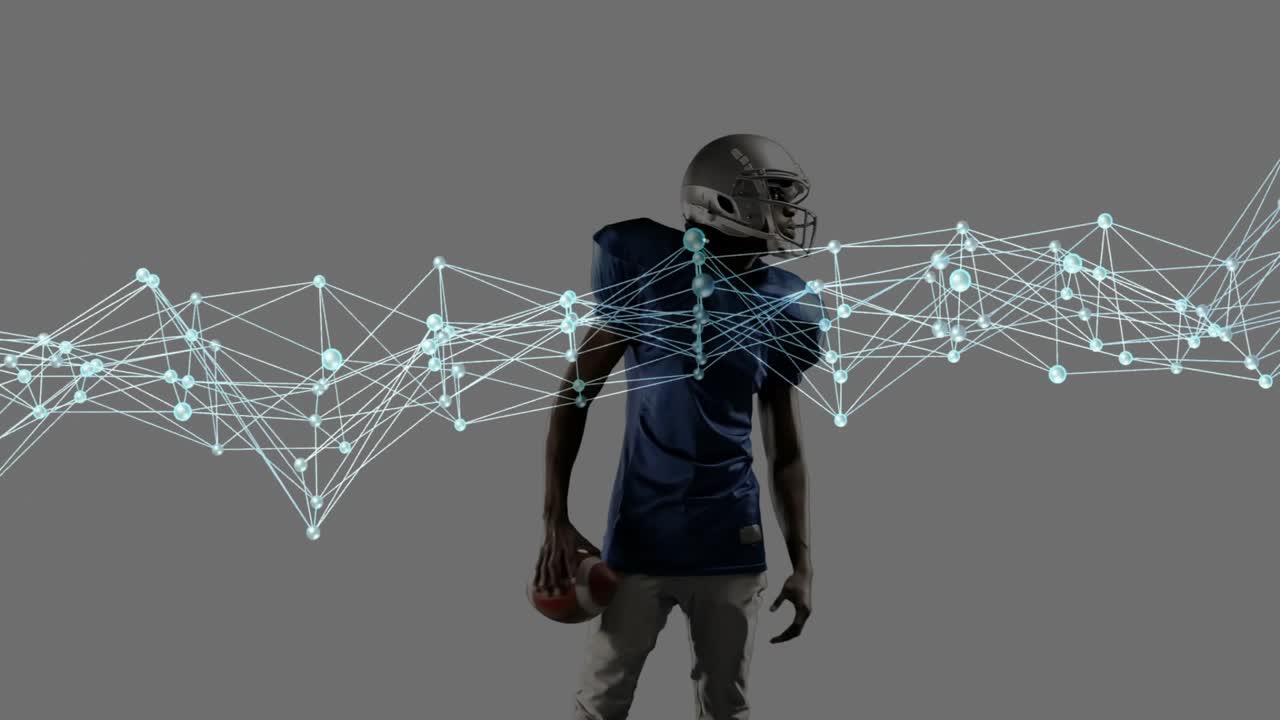 Footballer tracking digital network passing on chest and adjusting helmet to show sports analytics