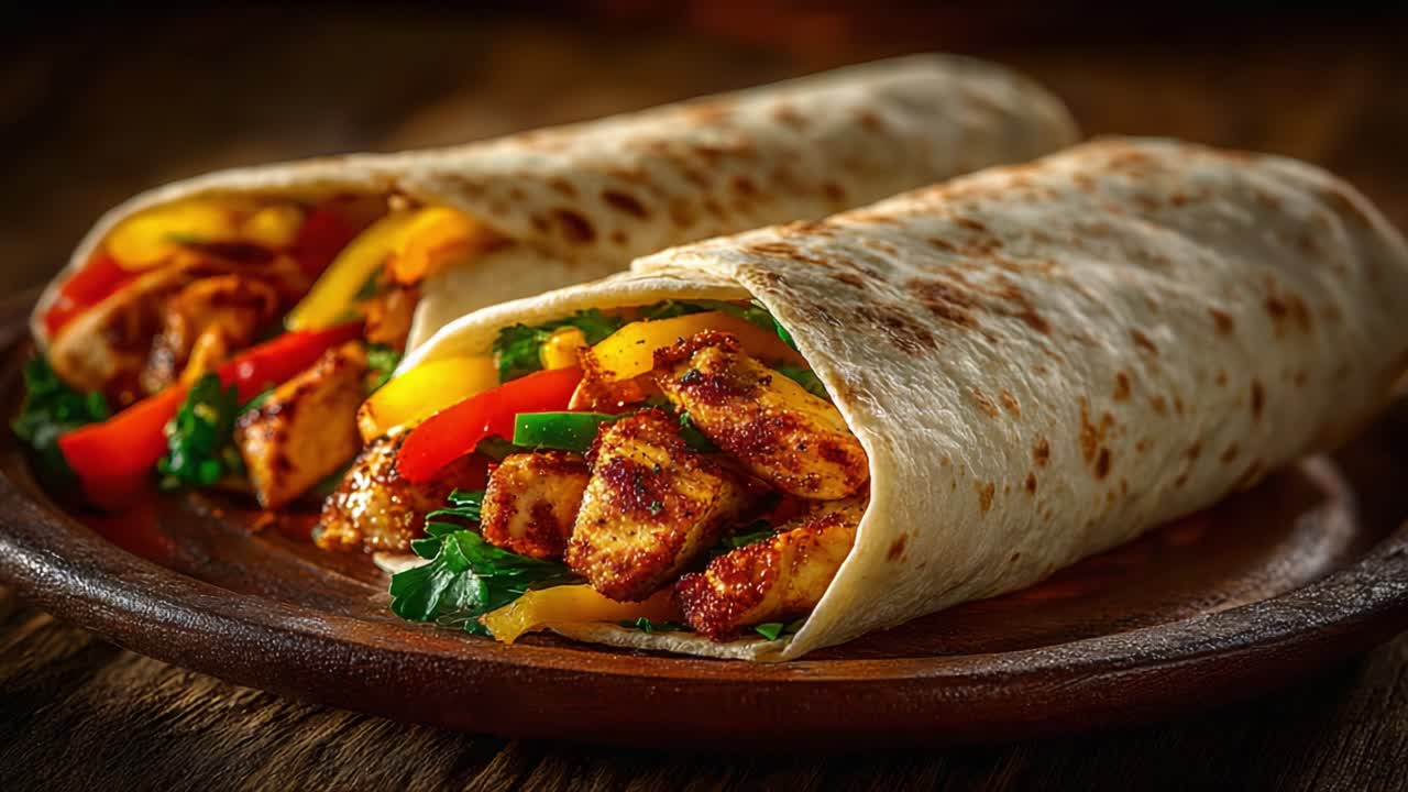 Delicious and Colorful Chicken Fajitas Wrapped in Warm Tortillas: A Mouthwatering Display of Flavor and Fresh Ingredients