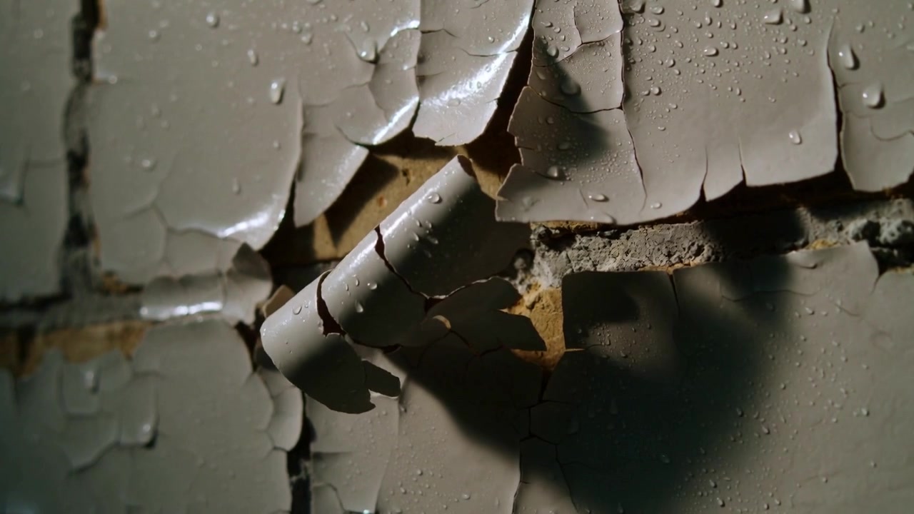 Showing painted wall peeling paint indoors with moving shadow, exposing mortar seam, tan substrate