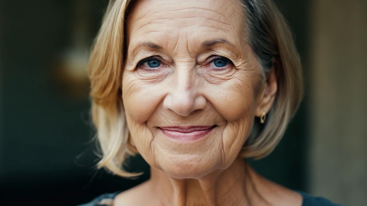 Senior woman smiling warmly, showcasing a cheerful expression and radiating happiness in a close up portrait