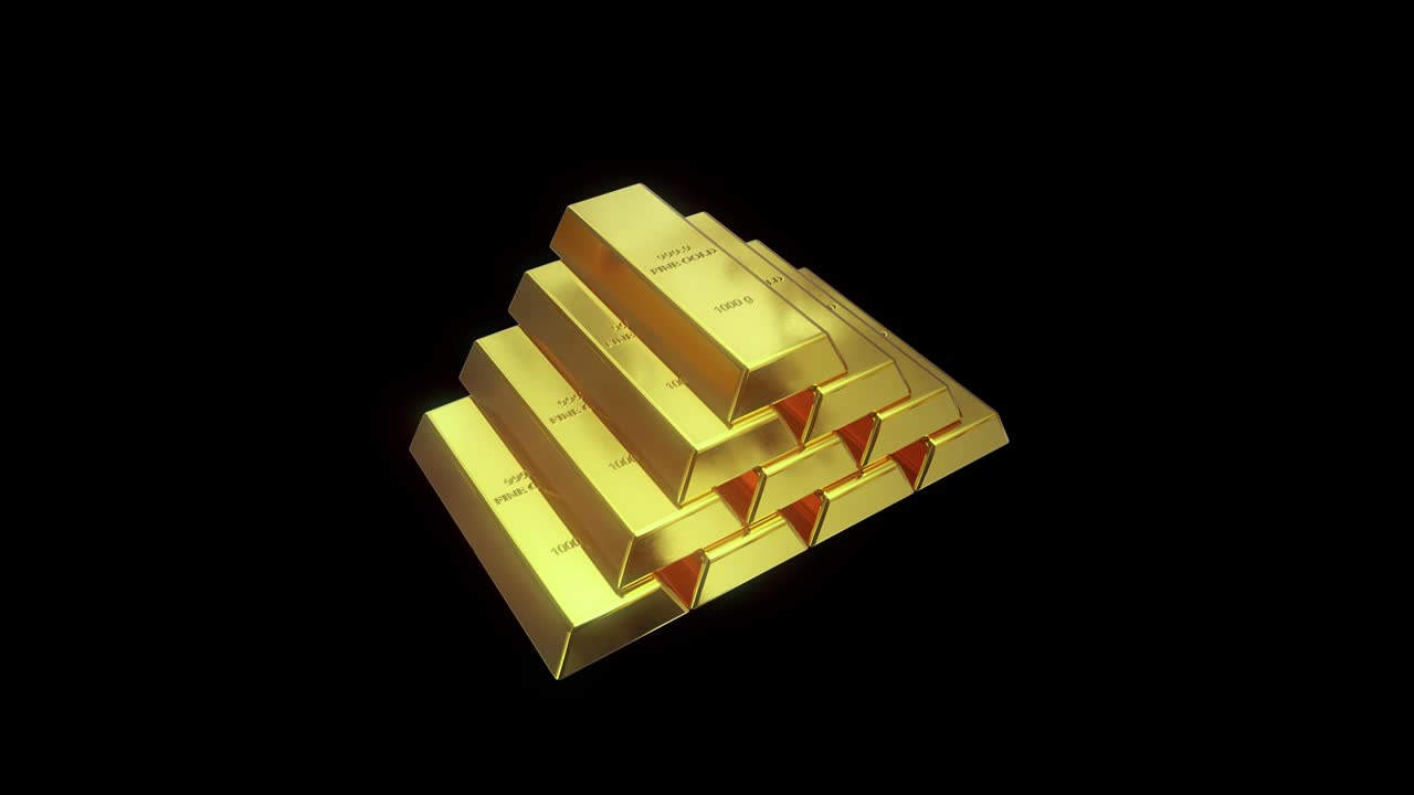Close-up shot of stacks of gold bars 1000 grams, turntable, motion looping concepts of success in business and finance.