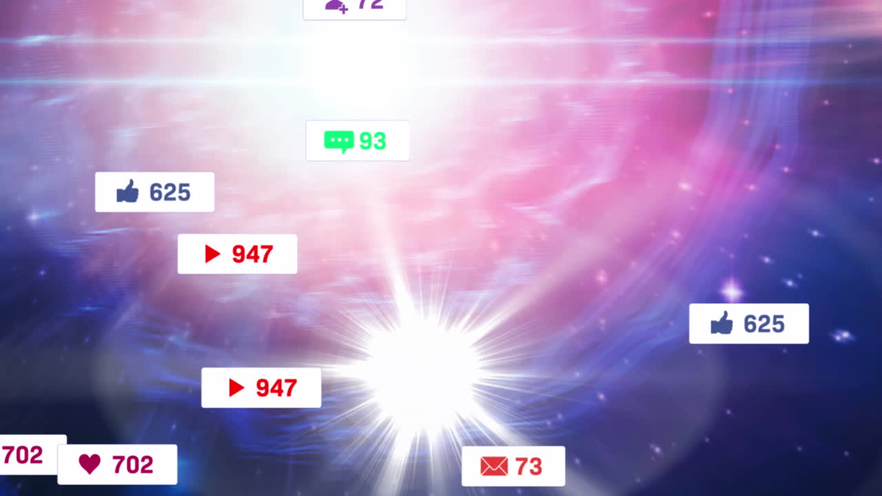 빛나는 보라색과 분홍색 배경에 디지털 소셜 미디어 아이콘과 숫자의 애니메이션