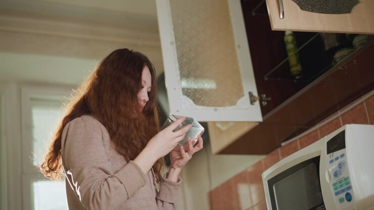 Woman organizes clear plastic jar with her hands near microwave. Woman places it inside overhead cupboard while standing at counter height in kitchen then examines another package