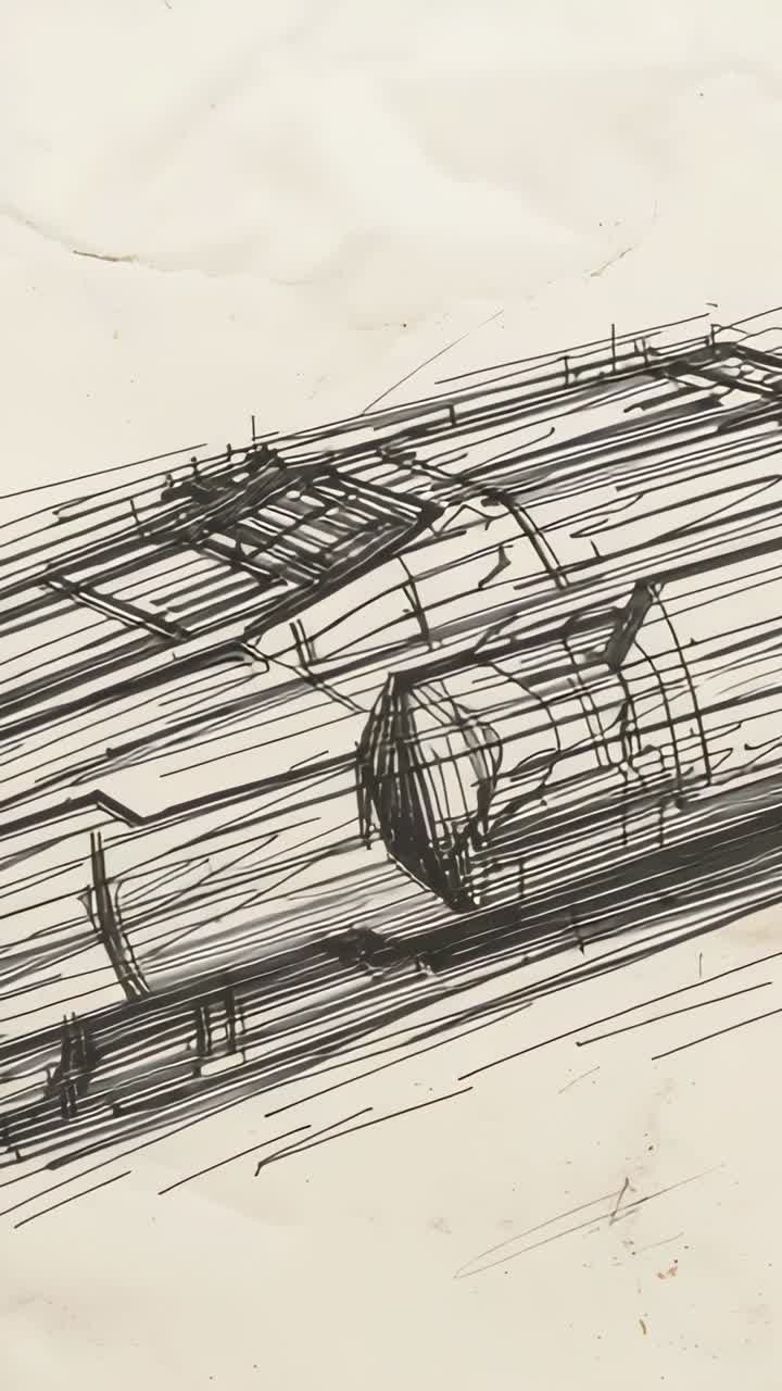 Vertical video: Panning camera revealing pen ink sketch on cream paper showing cylinder pod hatch