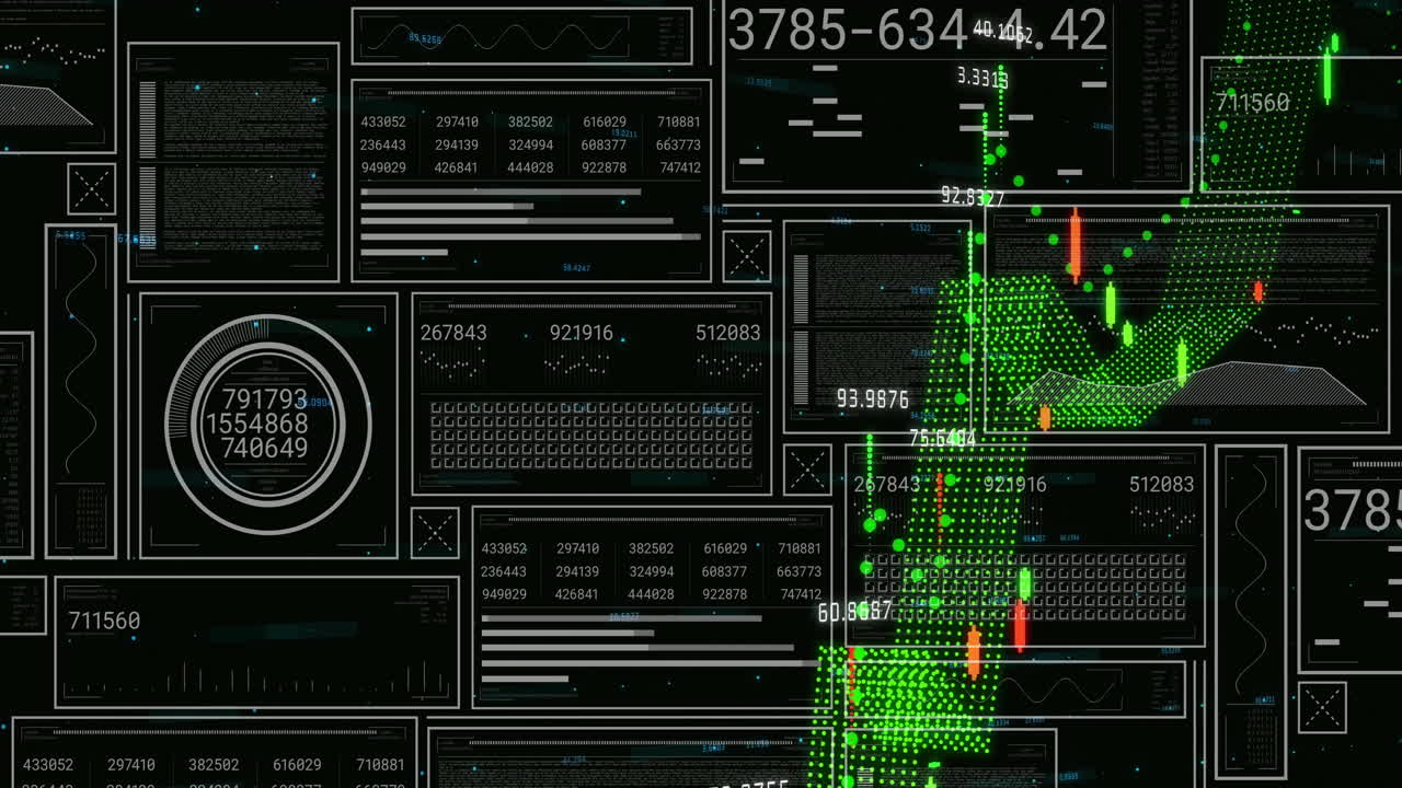 Animation of data processing over diagrams on black background