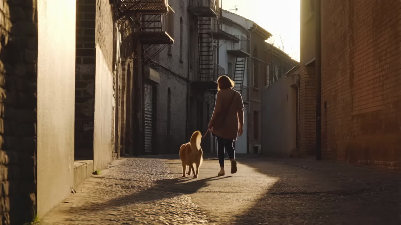Woman walking her dog down an alley