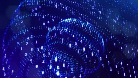 fondo de bucle 3d, concepto de procesamiento de datos digitales, cálculo y visualización de la computación. contadores de números en filas de líneas en esferas. información digital azul bg con números. bg de ciencia ficción.