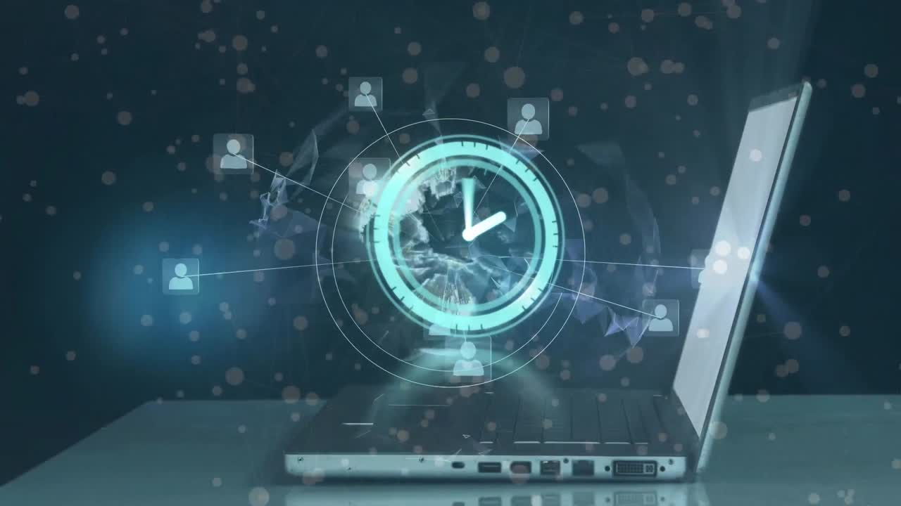 노트북을 사용하여 사람 위의 아이콘과 연결 네트워크의 애니메이션