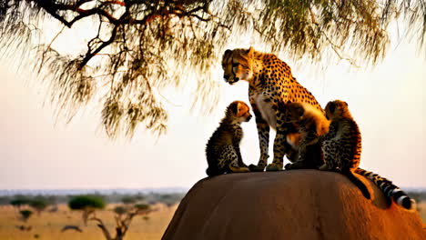 cheetah mother and cubs on a mound at sunset