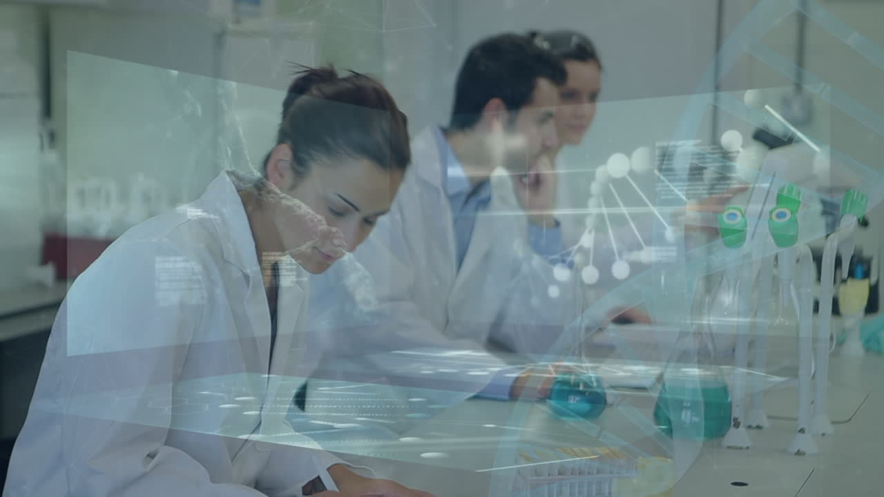animación de la cadena de adn, procesamiento de datos sobre diversos científicos en el laboratorio