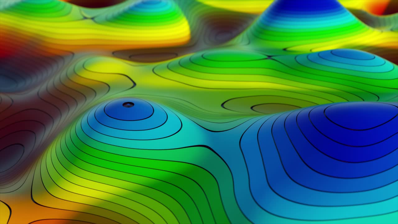fondo abstracto del concepto de mapa topográfico. rayas del mapa de contorno. valles y montañas. concepto de geografía. telón de fondo ondulado. luz de neón mágica línea de remolino curvo. animación 3d de bucle sin costuras