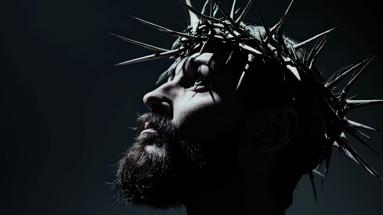 Dramatic side-angle shot of a bearded man wearing a thorn crown, evoking a powerful, somber mood