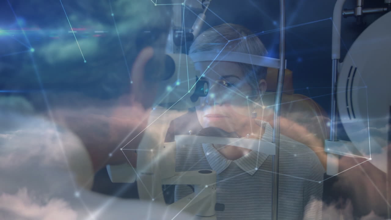 백인 남성 안과 의사와 환자의 손을 통해 연결 네트워크의 애니메이션