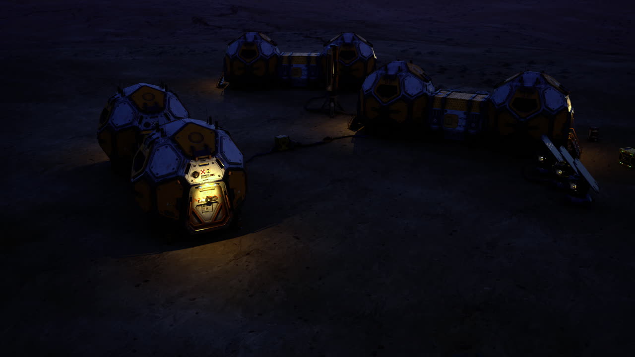 Mars habitat modules illuminated at night showcasing extraterrestrial living