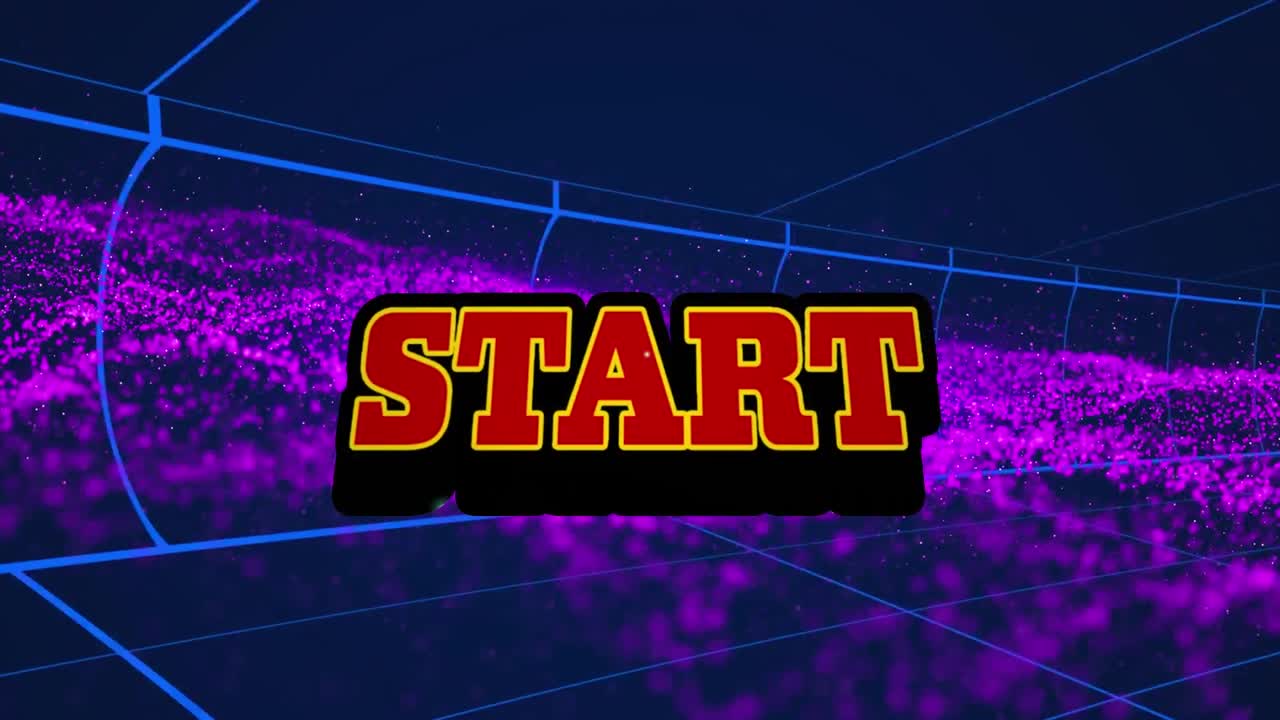 Animation of start text banner over purple digital waves against tunnel in seamless pattern
