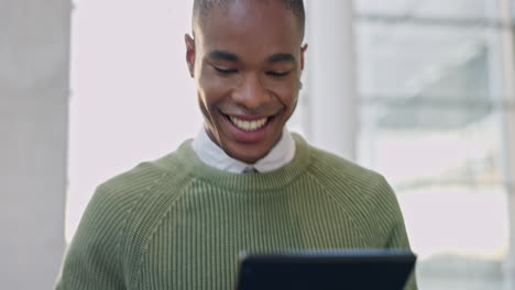 Business,-office-and-happy-black-man-on-tablet