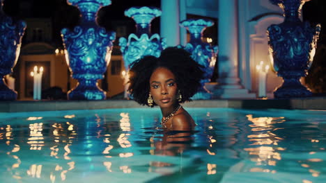 elegant woman in a pool at night