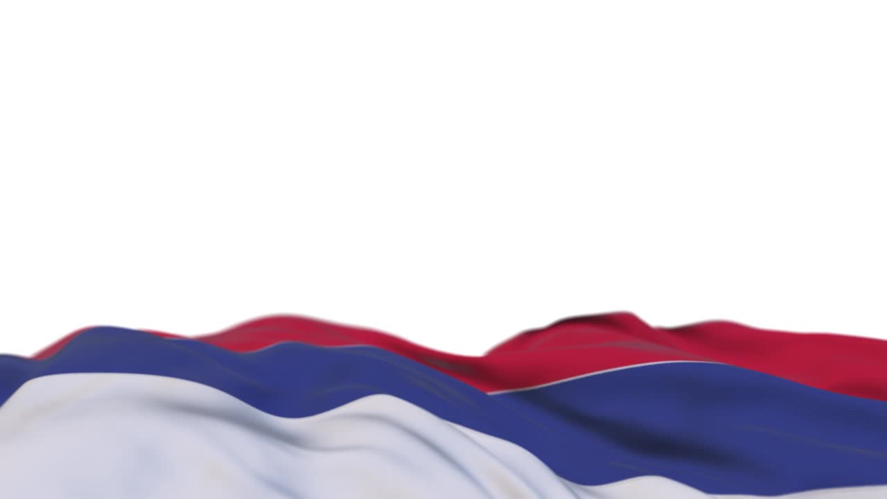 la bandera de la república srpska ondeando en el bucle del viento. el bordado de la republika srpska cosido en un estandarte de tela balanceándose en la brisa. fondo blanco medio lleno. lugar para el texto. bucle de 20 segundos.
