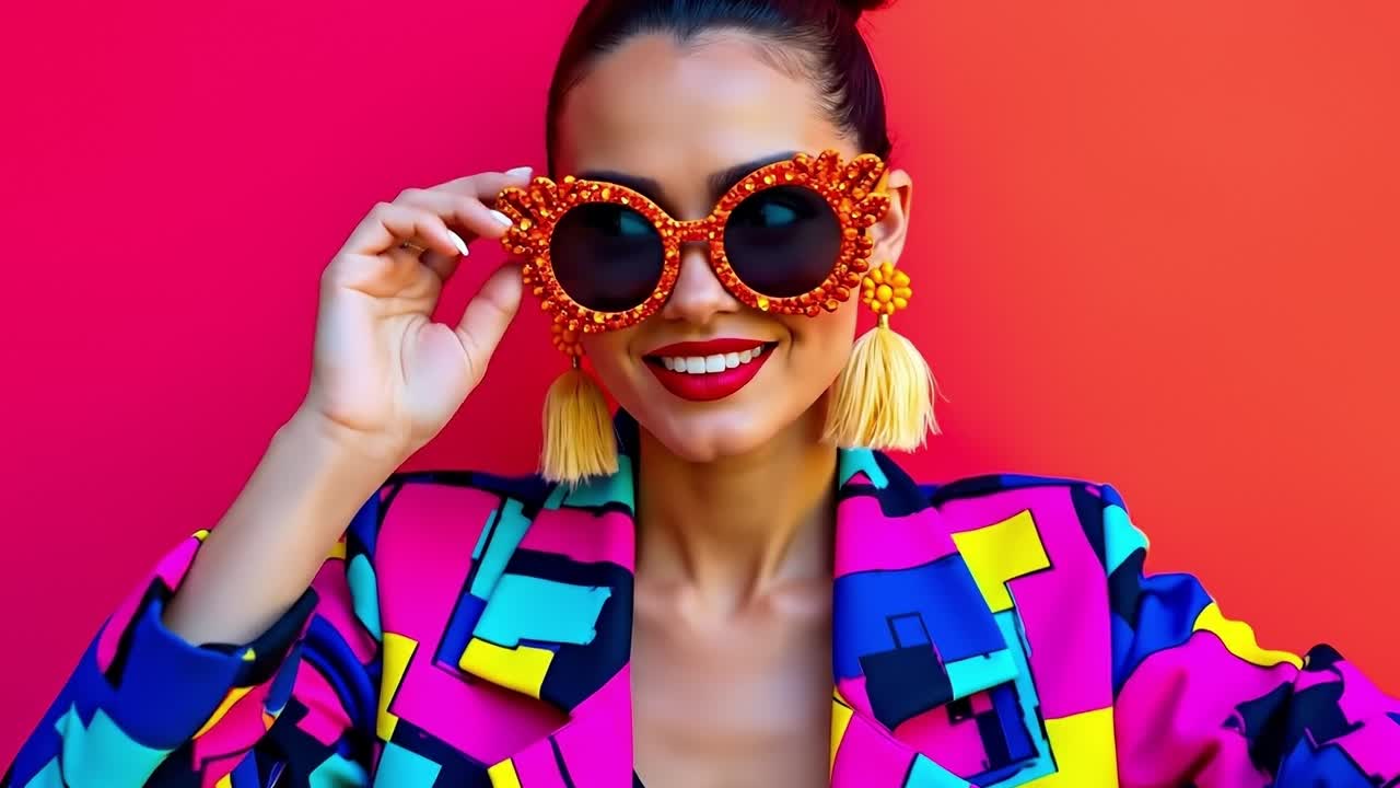 una mujer con una chaqueta colorida y gafas de sol