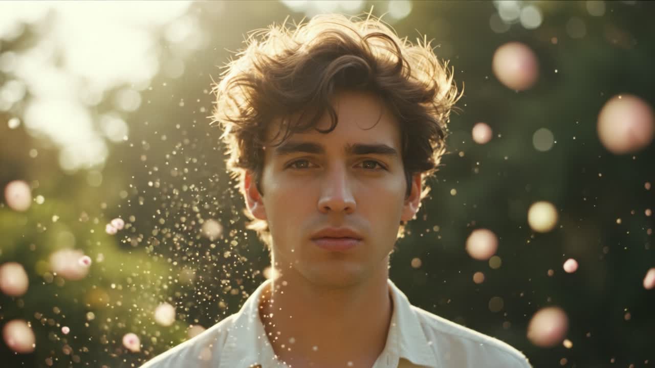 A Captivating Portrait of a Young Man Surrounded by Floating Petals in a Glowing Natural Setting, Evoking a Sense of Beauty and Tranquility in the Scene