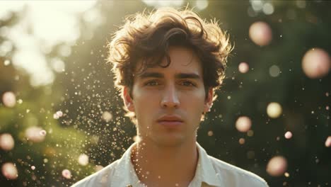 a captivating portrait of a young man surrounded by floating petals in a glowing natural setting, evoking a sense of beauty and tranquility in the scene