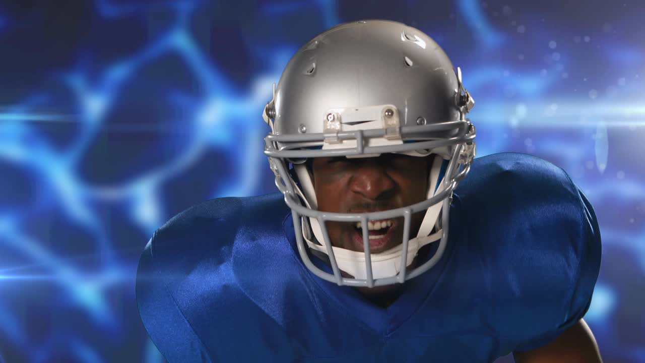 Animação de Jogador de Futebol Americano com Capacete sobre Fundo Azul Brilhante