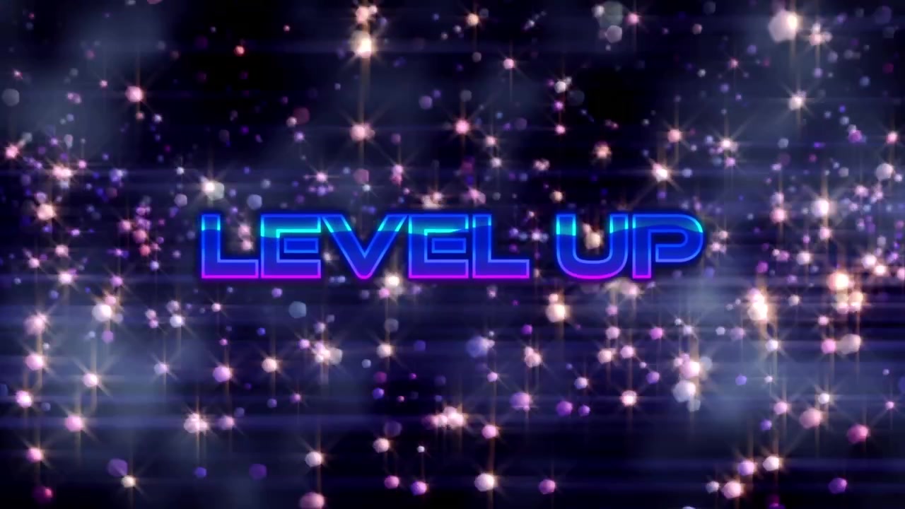 Level Up Text Animation with Glowing Particles and Bokeh Background