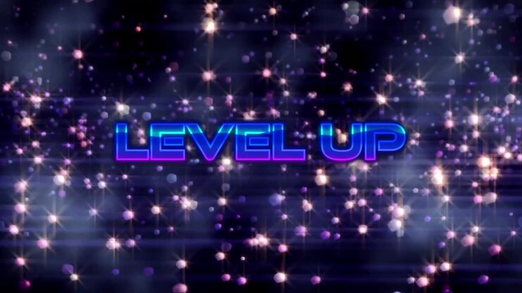 Level Up Text Animation with Glowing Particles and Bokeh Background