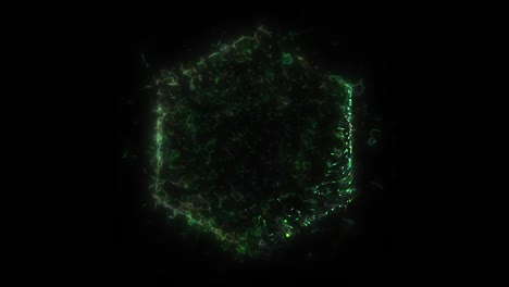 bucle sin costuras. animación de un portal hexagonal verde, formado por partículas y ráfagas de energía, aislado en fondo negro con alpha luma matte vfx cg 4k. puerta espacial. constelaciones. galaxia.