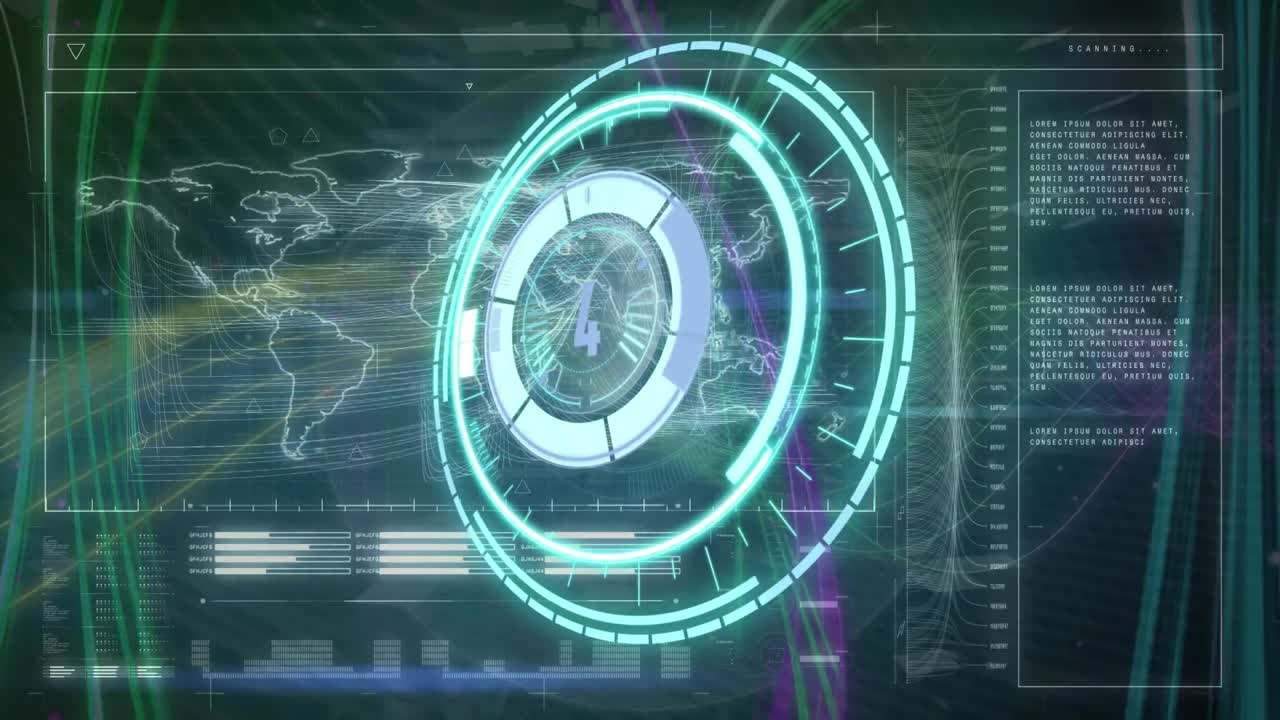 animación de la cuenta atrás sobre el escáner redondo de neón contra el procesamiento de datos y los rastros de luz.