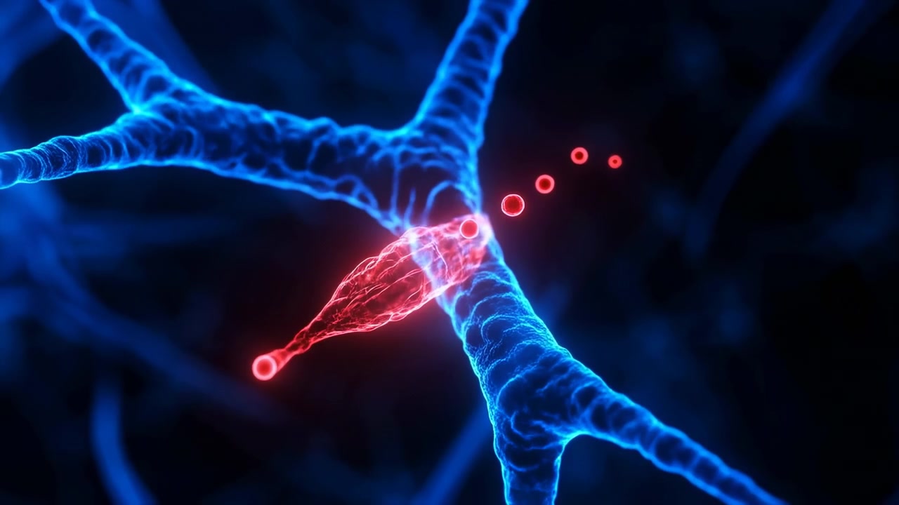 Strutture illuminate di rosso e piccole particelle circolari si muovono accanto a rami nervosi blu intersecanti, visualizzando l'attività sinaptica in un ambiente microscopico scuro con profondità luminosa