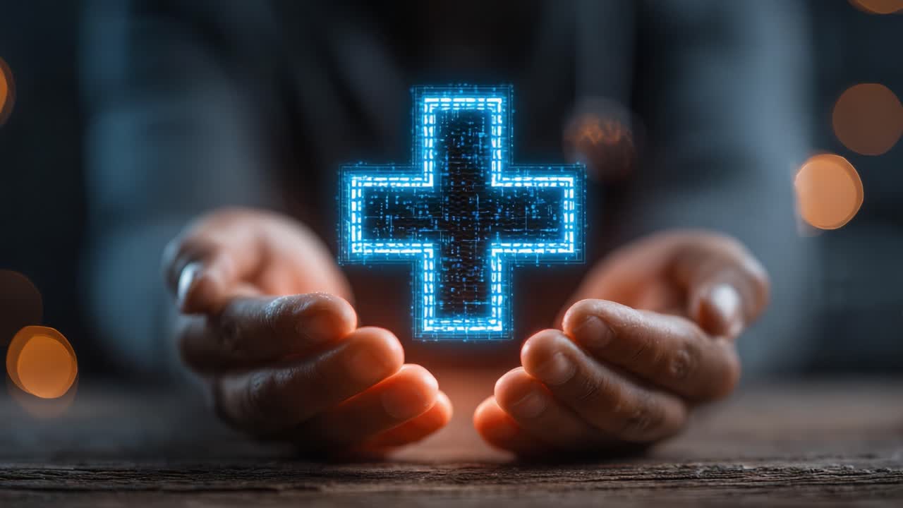 A Compassionate Gesture: Emphasizing Health Care with a Digital Medical Symbol Encircled by Approachable Hands Illuminated in a Warm Glow
