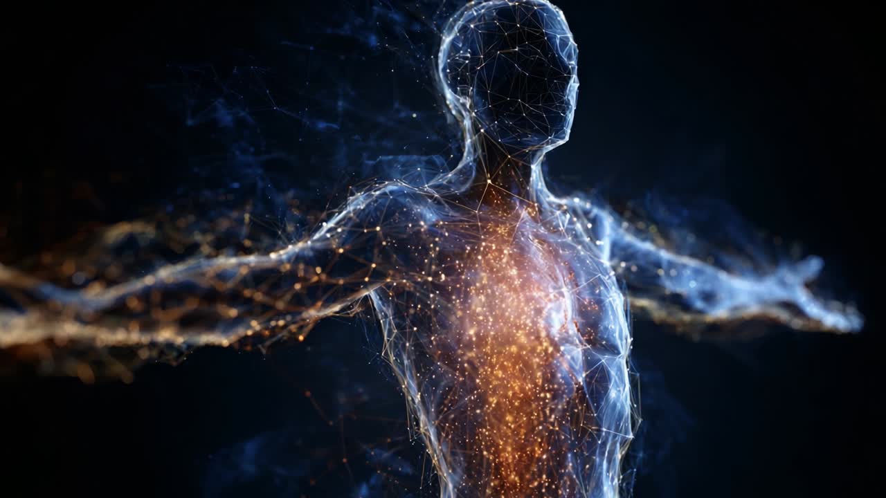 A captivating visual representation of a luminous human figure, intricately designed with a network of glowing particles and energy flows, highlighting the essence of life, creativity, and the connection between body and mind