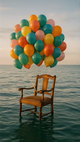 wooden chair floating serenely on the sea's surface, lifted by a cluster of vibrant, colorful balloons, creating a surreal, dreamy atmosphere during a stunning sunset
