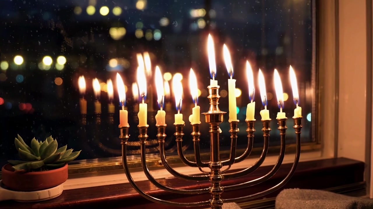 Menorah accesa sul davanzale della finestra durante una notte nevosa.