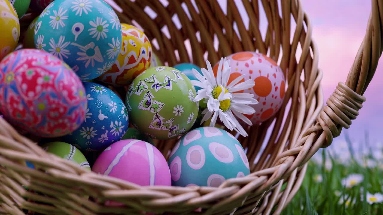Low-angle shot of a wicker basket filled with colorful Easter eggs and daisies, set