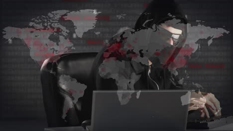 animation of world map over hacker with laptop